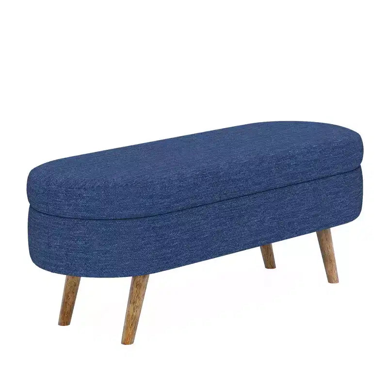 Banc de rangement ottoman ovale en tissu avec pieds en bois d'hévéa