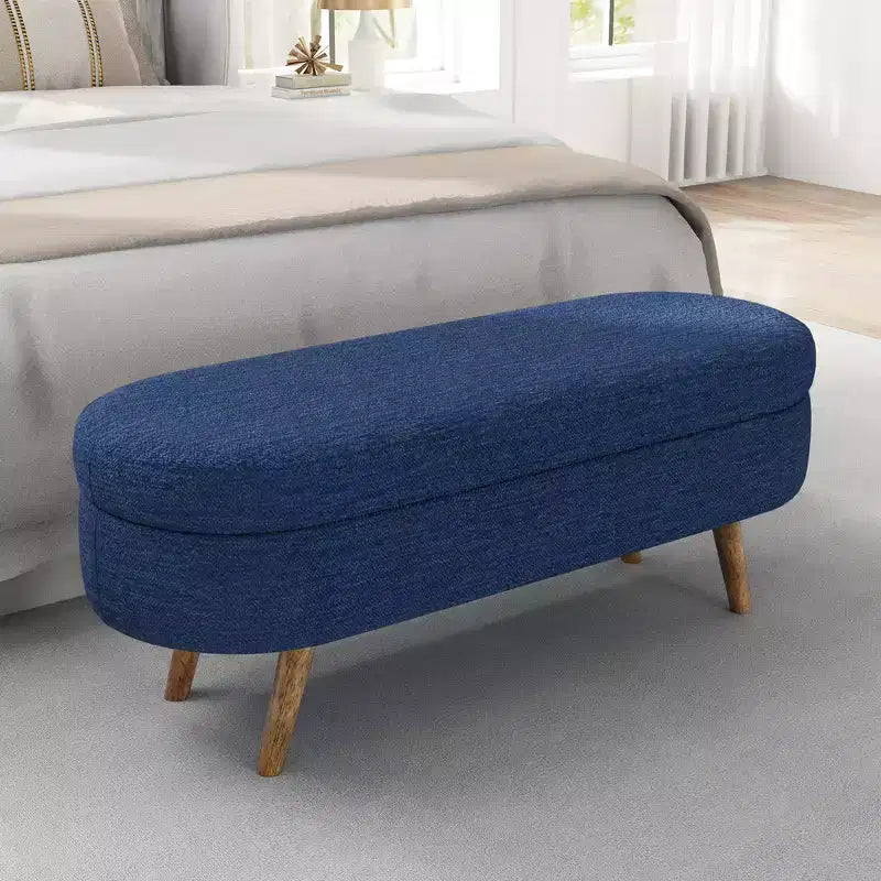 Banc de rangement ottoman ovale en tissu avec pieds en bois d'hévéa