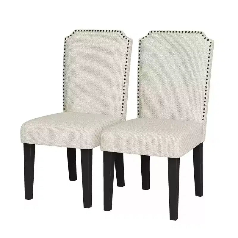 2PCS Upholstered Padded High Back Dining Chair with Wooden Legs Modern Fabric Side Chair with Nailhead Trim for Dining Room Kitchen