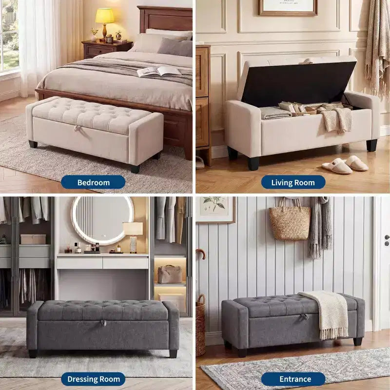 Banc Ottoman de Rangement Rembourré Capitonnage Bout de Lit Banc de Rangement Coffre à Couvercle Charnière Banc d'Entrée