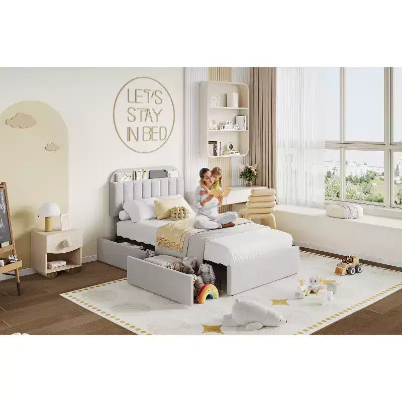 Twin Boucle Upholstered Platform Bed for Kids Grey with Storage Headboard/Bookcase/2 Drawers Noise-Free Easy Assembly No Box Spring Need Modern