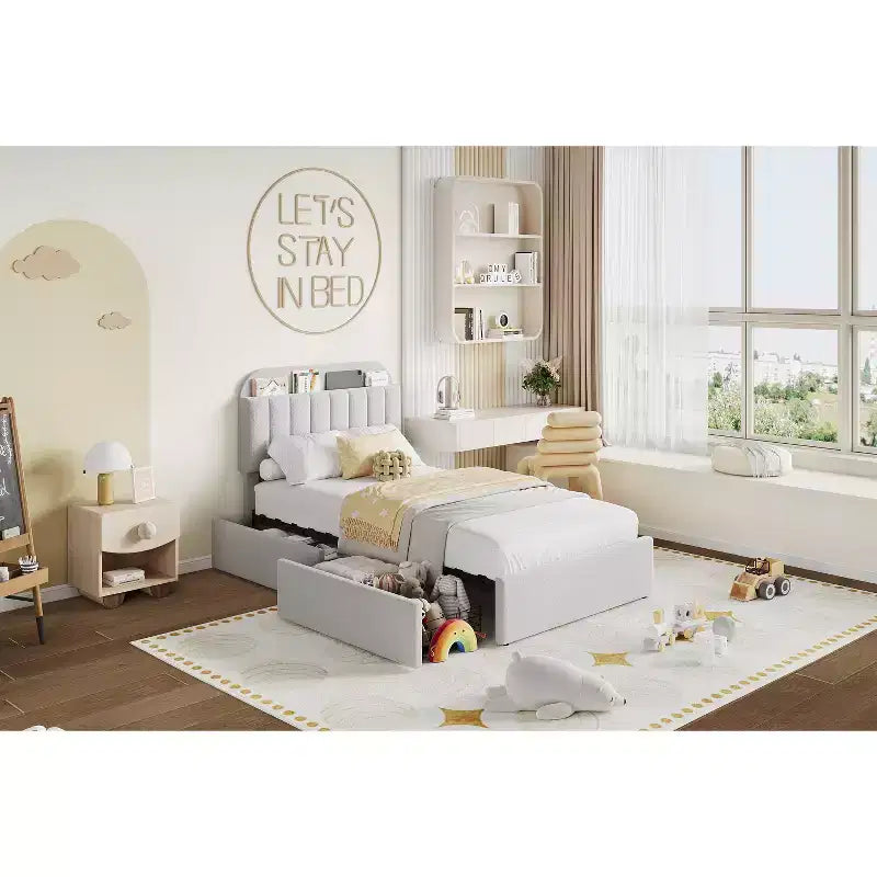 Lit plateforme double rembourré en tissu bouclette pour enfants avec tête de lit/bibliothèque de rangement