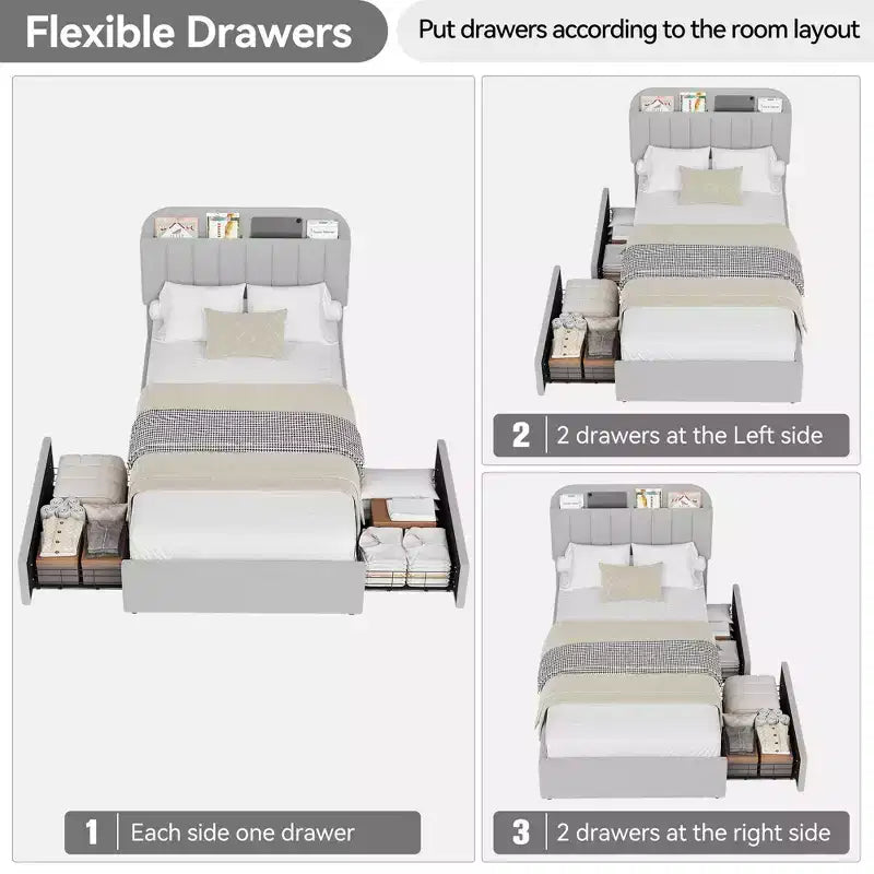 Lit plateforme double rembourré en tissu bouclette pour enfants avec tête de lit/bibliothèque de rangement