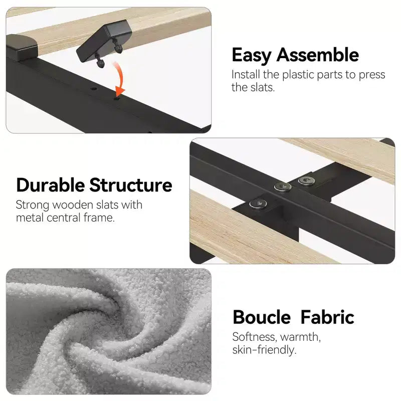 Lit plateforme double rembourré en tissu bouclette pour enfants avec tête de lit/bibliothèque de rangement