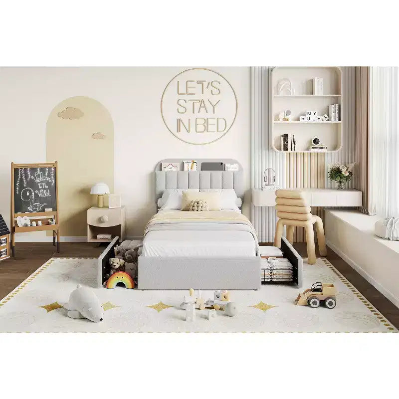 Lit plateforme double rembourré en tissu bouclette pour enfants avec tête de lit/bibliothèque de rangement