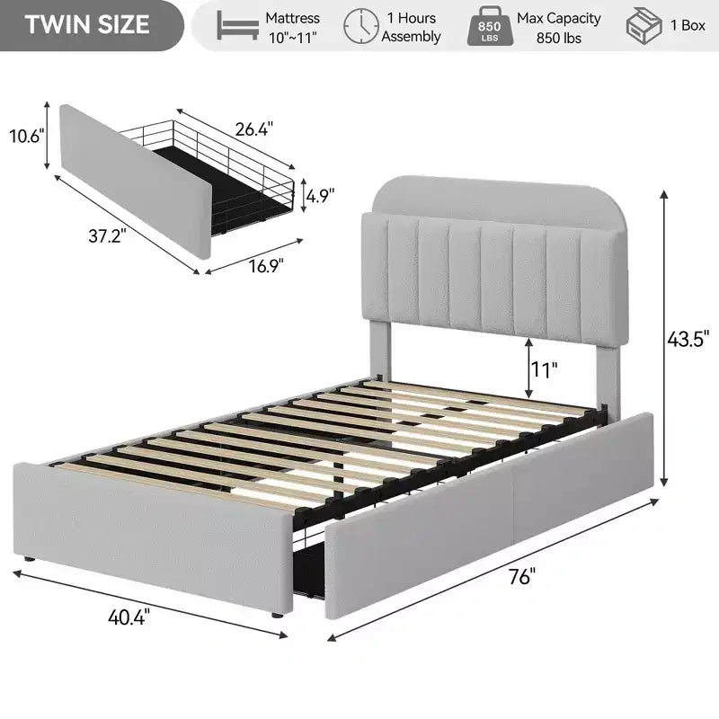 Lit plateforme double rembourré en tissu bouclette pour enfants avec tête de lit/bibliothèque de rangement