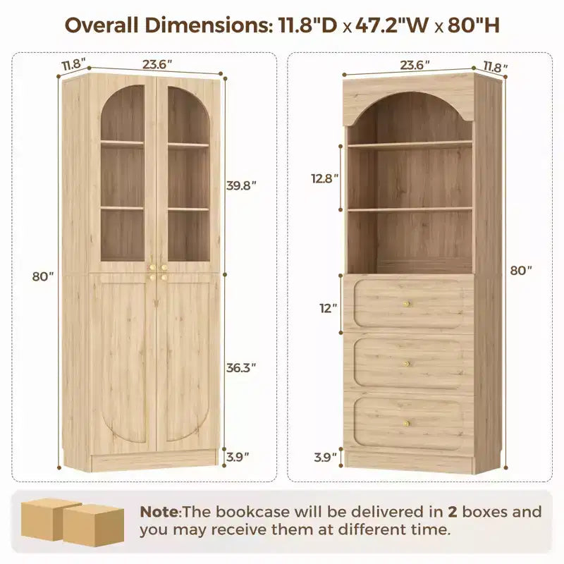 Meuble de rangement pour garde-manger avec portes, lot de 2 bibliothèques avec portes vitrées et étagères