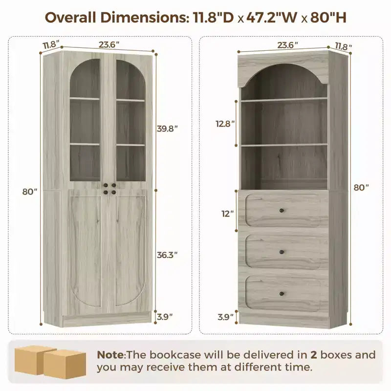 Meuble de rangement pour garde-manger avec portes, lot de 2 bibliothèques avec portes vitrées et étagères