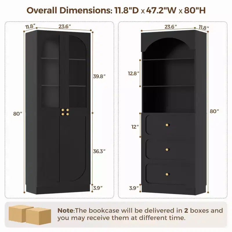 Meuble de rangement pour garde-manger avec portes, lot de 2 bibliothèques avec portes vitrées et étagères