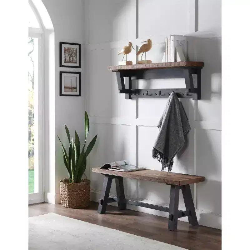 42" Odin Solid Wood Hook with Storage Shelf and Bench Set Black - Alaterre Furniture: Rustic Industrial Design Pine Frame