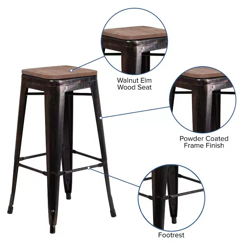 Tabouret de bar en métal sans dossier avec assise en bois