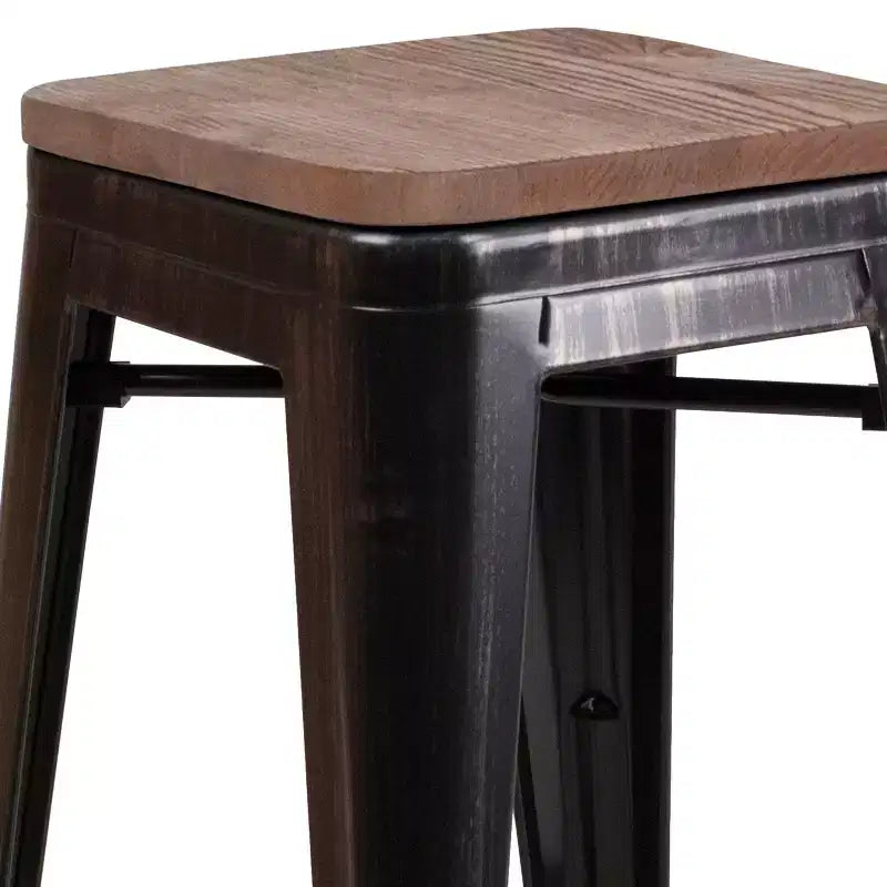 Tabouret de bar en métal sans dossier avec assise en bois