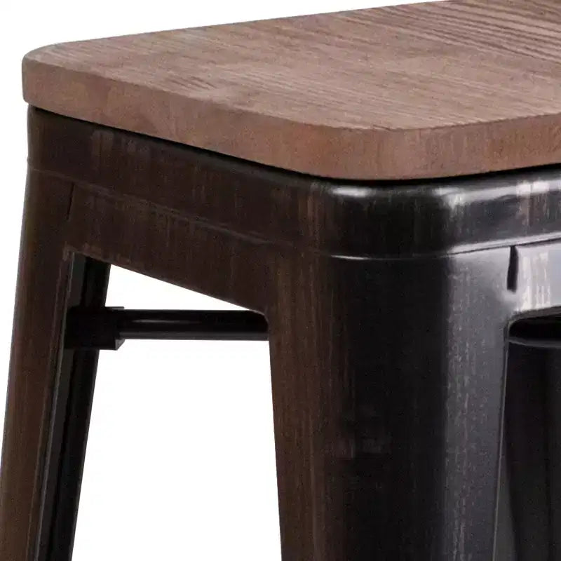 Tabouret de bar en métal sans dossier avec assise en bois