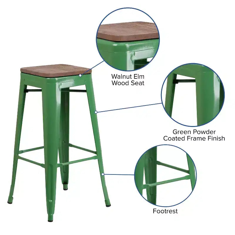 Tabouret de bar en métal sans dossier avec assise en bois