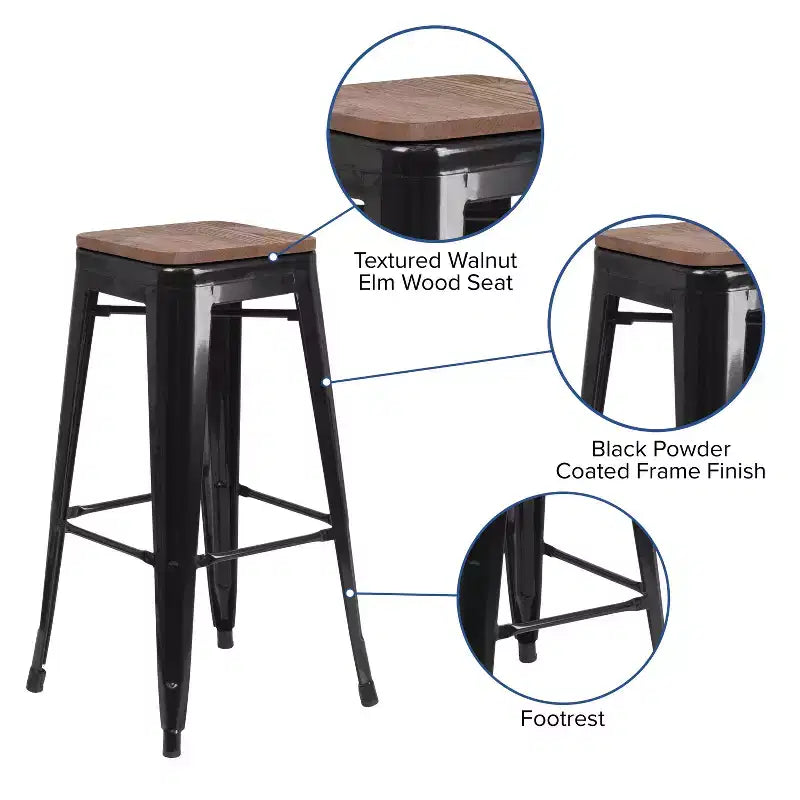 Tabouret de bar en métal sans dossier avec assise en bois