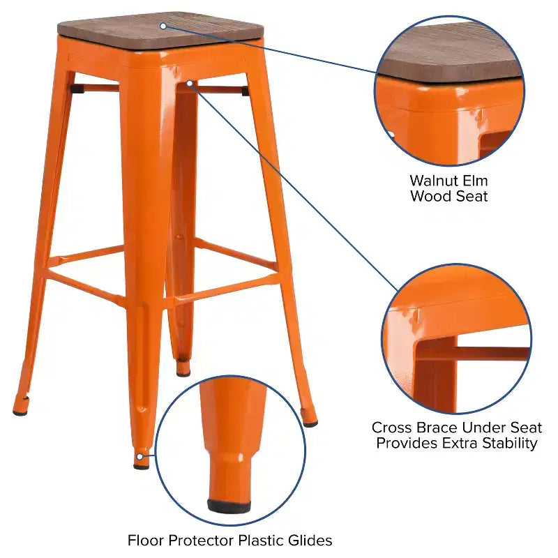 Tabouret de bar en métal sans dossier avec assise en bois