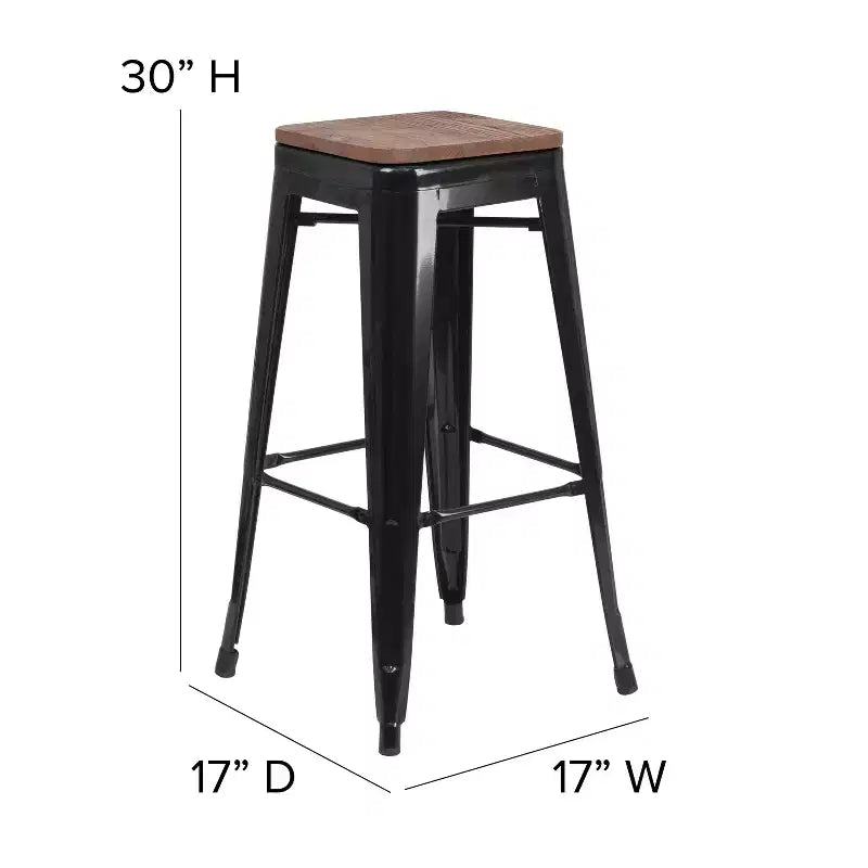 Tabouret de bar en métal sans dossier avec assise en bois