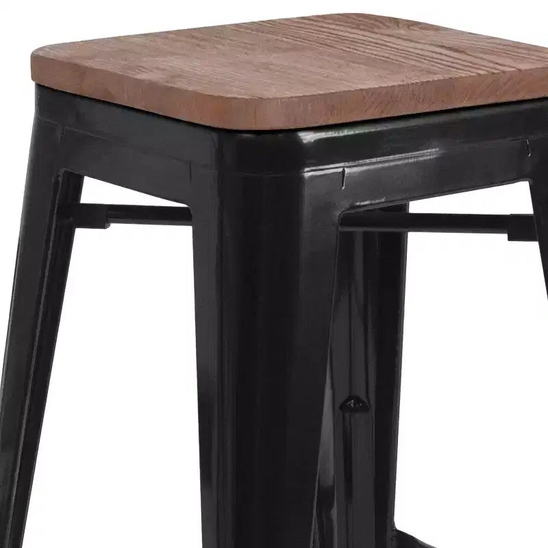Tabouret de bar en métal sans dossier avec assise en bois