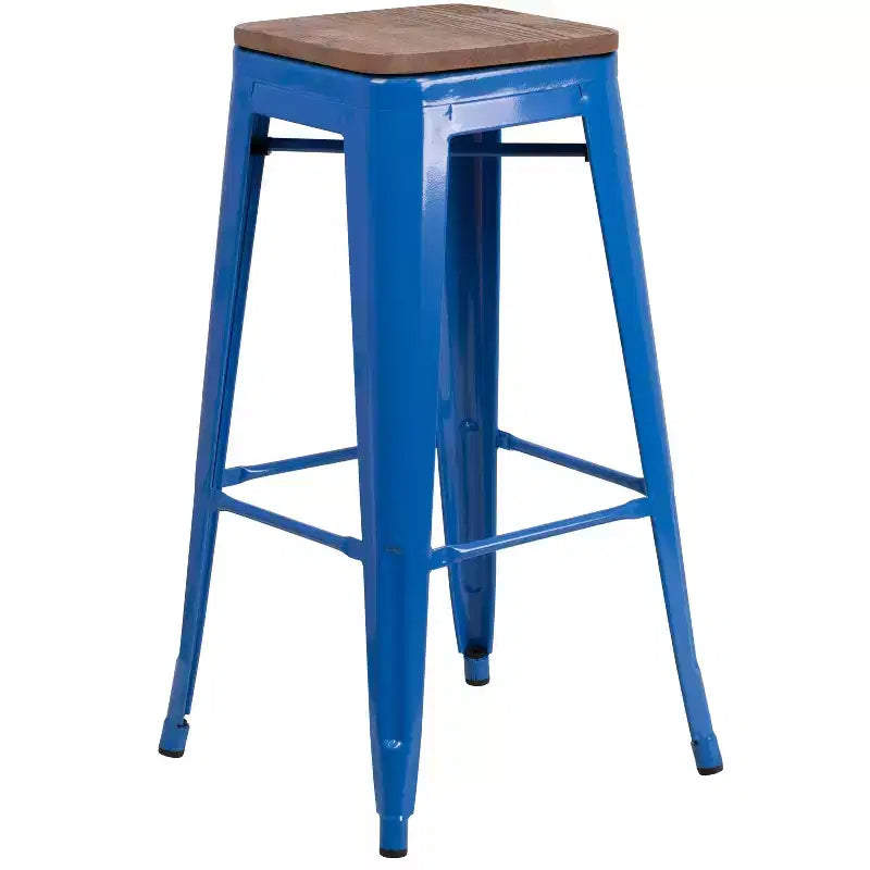 Tabouret de bar en métal sans dossier avec assise en bois